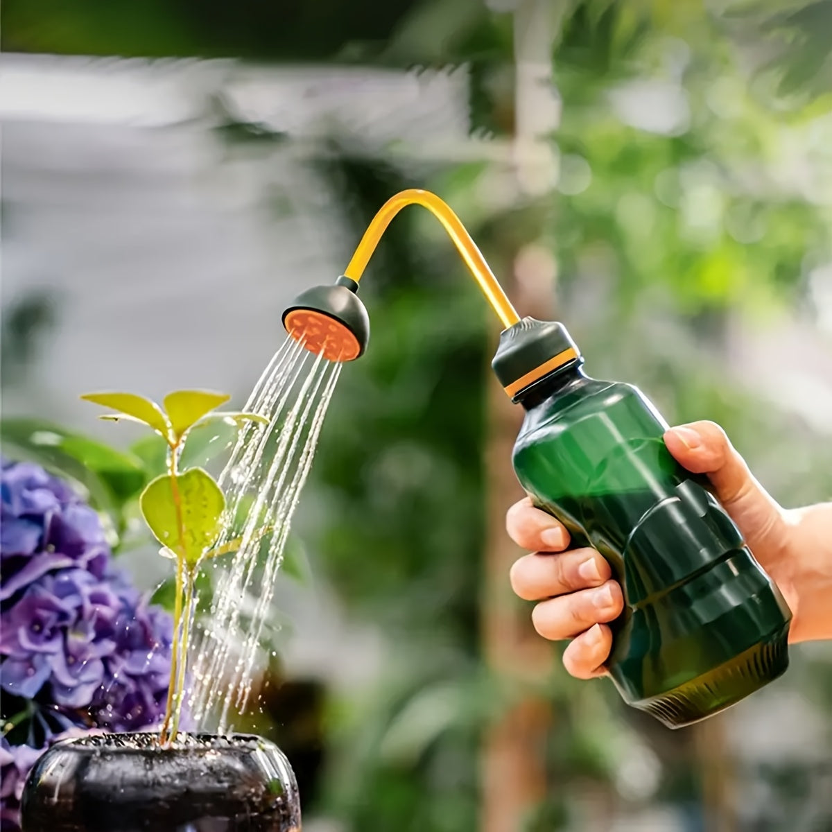 15.22oz Handheld Watering Can with Detachable Shower Head - Flexible Long Nozzle, Squeeze Trigger, Transparent Plastic Plant Sprinkler for Indoor & Outdoor Gardening